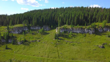Aerial View Of The Terrain Covered By Lush Green Vegetation. Clip. Beautiful Landscape With Forest And Fields With Green Grass Growing On A Mountain Slope.