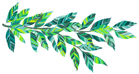 Stylized tree branch with green leaves summer vector illustration. Abstract botany tree branch foliage greenery, stylized leaves with vivid texture. Eucalyptus organic design for Earth Day.