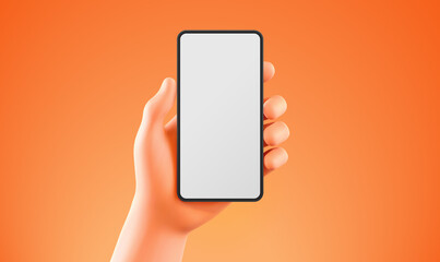 semi realistic hand holding smartphone over orange background, vector mock-up template