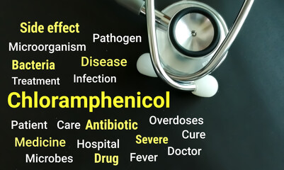 Sticker - Chloramphenicol medical term with word cloud on black background.