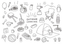 アウトドア料理・キャンプごはんにまつわる手描きイラスト（モノクロ）