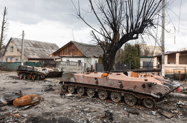 Wall Mural - War in Ukraine. Destroyed Russian military equipment in Bucha, Ukraine