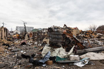 Wall Mural - War in Ukraine. Destroyed Russian military equipment in Bucha, Ukraine