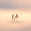 Family silhouette in fog. Child and dying parent. Death and afterlife