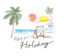 Enjoy Your Holiday Calligraphy Slogan With Sunset Beach Palm Trees And Seat Vector Illustration