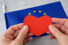Flag Of Europe With Red Heart Symbol, European Union Flag On Gray Background, Europe Day 5th And 9th Of May, Schumann Declaration Day, I Love Europe
