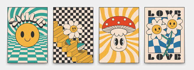 Collection of bright groovy posters 70s. Retro poster with psychedelic landscapes with flowers and mushrooms, vintage prints with grunge texture