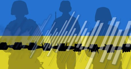 Poster - Animation of fence over soldiers and flag of ukraine