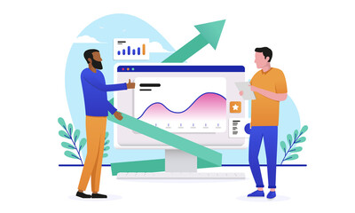 Leinwandbilder - Happy with data results - Casual businesspeople looking at positive analytics performance chart and graphs. Flat design vector illustration with white background 