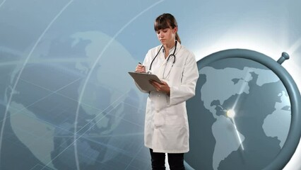 Wall Mural - Animation of caucasian female doctor over globe and clock on blue background