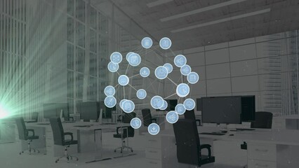 Poster - Animation of network of connections with icons and light trails over empty office