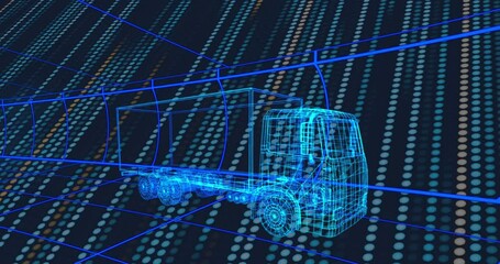 Wall Mural - animation of truck project over navy background with yellow and green lights