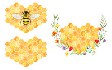 Honeycomb Hearts With Honey Bee And Wildflowers, Watercolor Yellow Honey Hearts