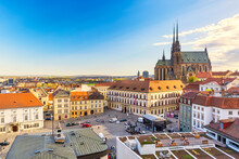 Cathedral Of St Peter And Paul In Brno, Moravia, Czech Republic With Town Square During Sunny Day. Famous Landmark In South Moravia.