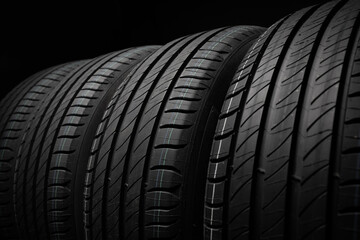 Wall Mural - New car tires. Group of road wheels on dark background. Summer Tires with asymmetric tread design. Driving car concept. Close-up