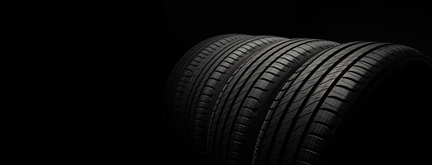 Wall Mural - New car tires. Group of road wheels on dark background. Summer Tires with asymmetric tread design. Driving car concept.