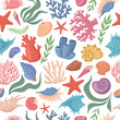 Cartoon marine sea shell, starfish, coral seamless pattern. Ocean underwater clams, seashells, coral and seaweed vector symbols background set. Marine wildlife elements
