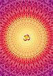 Mandala object of rotation with the sign om, aum in center. Red and yellow color