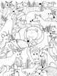 Cute coloring page for kids with cartoon animals. Cartoon big coloring poster in doodle style.