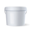 White glossy plastic bucket with lid and handle for food products, paint, household stuff