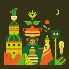 Garden Of Plants. Colorful Illustration With Flowers, Animals And Vases.