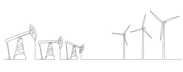 One continuous line drawing of Oil pumps jacks and wind turbines. Concept of energy crisis and Renewable and Non renewable sources in simple linear style. Editable stroke. Doodle vector illustration