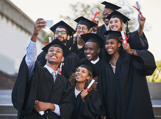 Poster - We earned our bragging rights. Shot of a group of students taking a selfie on graduation day.