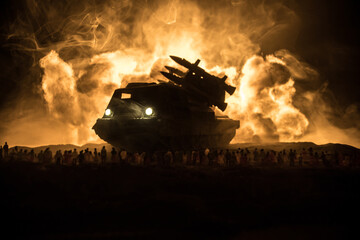 Creative artwork decoration war on Ukraine. Crowd looking on giant explosion and attacking soldiers.