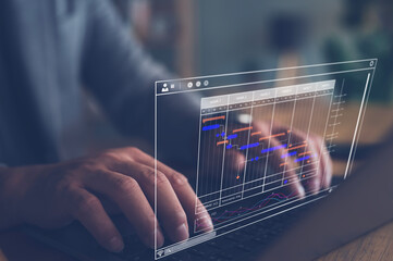 Wall Mural - Analyst working with computer in Business Analytics and Data Management System to make report with KPI and metrics connected to database. Corporate strategy for finance, operations, sales, marketing