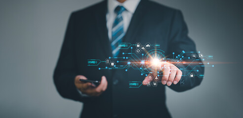 Leinwandbilder - Security of future technology and Cybernetics on the Internet innovation technology against digital cyber crime, finger scanning allows access to security and identification of big Data businesses.