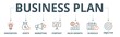 Business plan  banner web icon vector illustration concept with icon of innovation, assets, marketing, strategy, sales growth, schedule, and objective