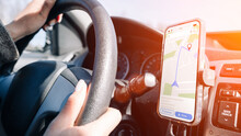 Gps Navigator Map System. Global Positioning System On Smartphone Screen In Auto Car On Travel Road. GPS Car Search Location Technology.