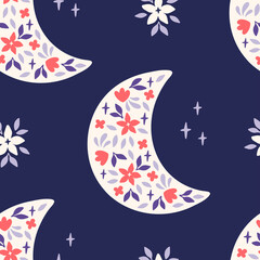 Wall Mural - Floral moon vector seamless pattern. Trendy mystical illustration with flower, star on blue background. Boho luna print for fabric design, textile, kids and baby clothes, digital paper, wallpaper.