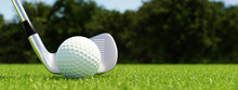 Golf Ball And Golf Club With Fairway Green Background. Sport And Athletic Concept. 3D Illustration Rendering