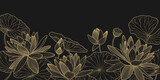 Gold lotus vector background. Luxury design template with line lily and leaves. Nelumbo nucifera flower for banners, invitations, cover and packaging design.