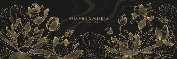 gold lotus vector background with fluid marble. luxury design template with line lily and leaves. ne