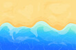 © Alyona - Summer beach with sand and waves top view in cartoon style, background. Tropical coast line, landscape, scenery.