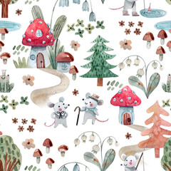  Cute seamless pattern with forest nature, fairy houses, mouse characters. Hand-drawn watercolor background with amanita houses, forest trees and herbs, a lake, trails and cute mice. Kids texture