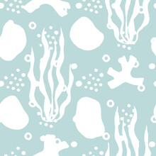 Sea Pebbles And Seaweeds Seamless Pattern Watercolour. Coral Watercolor. Sea Rocks. Hand Drawn Painting. Marine Underwater Background.