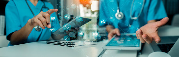 Medicine doctor using digital healthcare and network connection on hologram modern virtual screen interface icons, Medical technology futuristic concept.