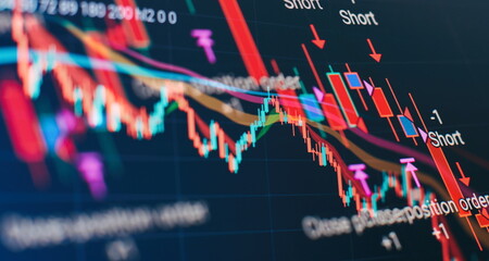 forex trading graph and candlestick chart suitable for financial investment concept. Economy trends background for business idea and all art work design. Abstract finance background.