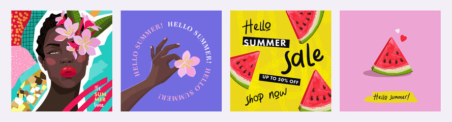 Wall Mural - Hello Summer posters, banners or cards set in modern art style with collage elements. Summer Sale. Vector illustrations with Beautiful woman face, tropical flowers bouquet and watermelons