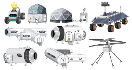 Wall Mural - set of spaceship and satellite objects