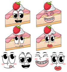 Wall Mural - Set of facial expression vintage style cartoon with cake on white background