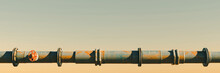 Rusty Pipe In Sunlight (horizontal Pipe With Valves, Connectors And Rivets, With Copy Space, Banner Format 3 X 1)