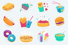 Tasty Fast Food Cute Stickers Set In Flat Cartoon Design. Bundle Of Sandwich, Cake, Burrito, Noodle, Hot Dog, Fries, Cola, Cherry Pie And Other. Vector Illustration For Planner Or Organizer Template