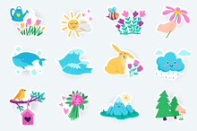 Nature Cute Stickers Set In Flat Cartoon Design. Bundle Of Sun, Cloud, Flower, Whale, Ocean Wave, Rabbit, Rain, Bird, Mountains, Forest And Other. Vector Illustration For Planner Or Organizer Template