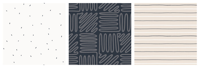 Wall Mural - Masculine neutral colors seamless pattern set. Square maze, stripes and abstract marks coordinating vector design collection for fashion textile.