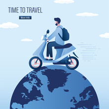 Time To Travel. Tourist Man Drive Motorbike. Worldwide, Global Travel. Man Driver With Backpack Rides Bike. Freedom, Concept. World Tourism. Transportation Banner.