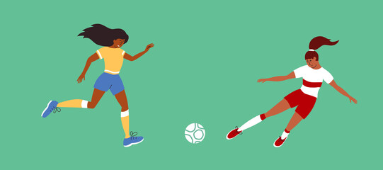 Women football match vector illustration. Female soccer players playing ball football field. Different sport team girls running to kick ball. Athlete game training. Isolated play on green background